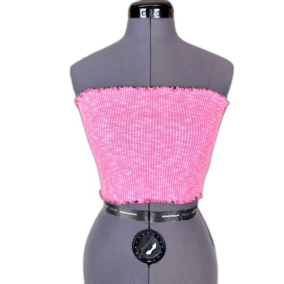 Pink Ribbed Knit Lettuce Hem Tube Top - Picture 1 of 5